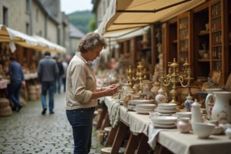 Marché aux puces en plein air en Bretagne avec des tables de brocante remplies d'objets vintage