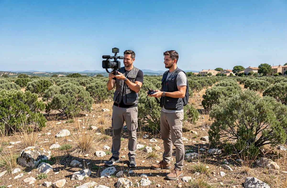 Équipe de photographe et vidéographe avec drone et caméra dans le paysage garrigue du Gard