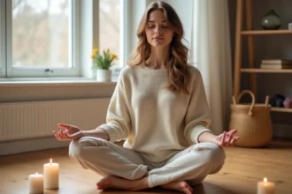 Femme en méditation spirituelle entourée de bougies blanches symétriques, évoquant la signification des flammes jumelles et la mission d'âme du nombre 2222