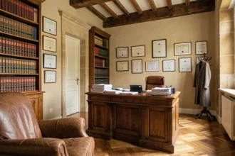 Vue d'ensemble d'un cabinet d'avocats à Toulouse avec des livres juridiques, une robe d'avocat et des diplômes encadrés