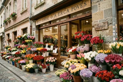 Devanture fleurie d'un fleuriste en Moselle avec bouquets colorés sur pavés