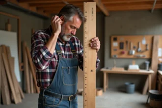 Menuisier mesurant du bois avec règle dans atelier