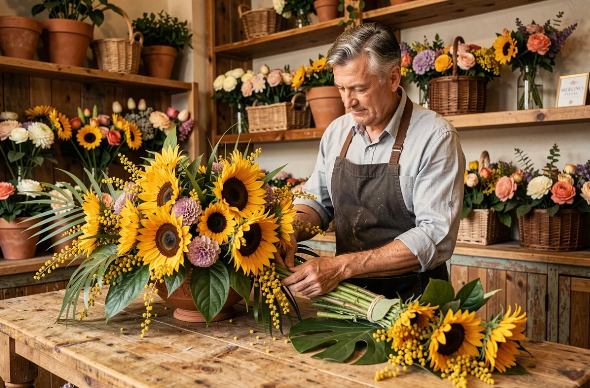 Fleuriste Merlino Fleurs composant un arrangement méditerranéen de tournesols et mimosa