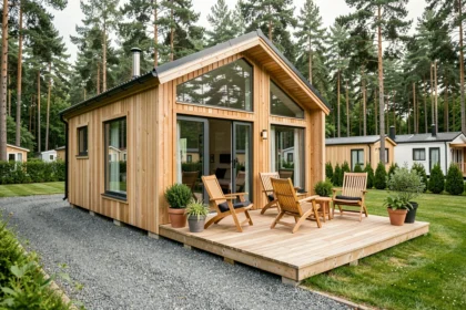 Mobil-home premium avec façade en bois et terrasse spacieuse dans un cadre naturel verdoyant