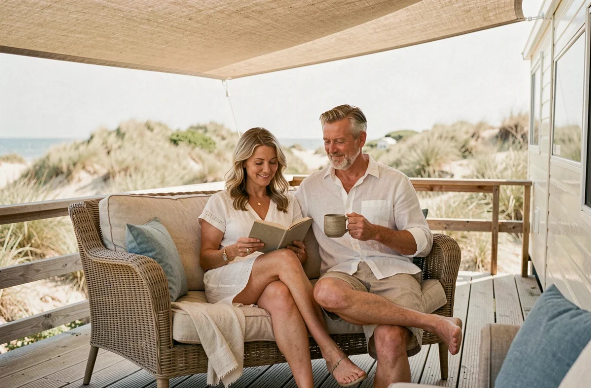 Couple se relaxant sur la terrasse d'un mobil-home de luxe dans un camping en bord de mer