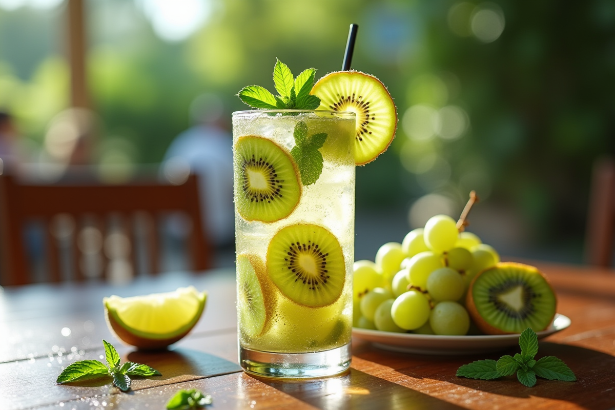 Mojito kiwi et raisin blanc avec fruits et feuilles de menthe
