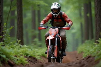 Jeune homme en motocross sur une moto dans la forêt