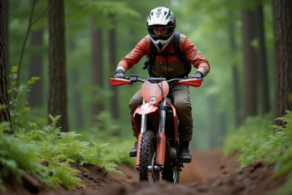 Jeune homme en motocross sur une moto dans la forêt