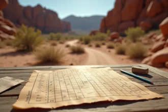 Grille de mots croisés posée sur une table en bois dans un décor désertique du Nevada avec des formations rocheuses en arrière-plan