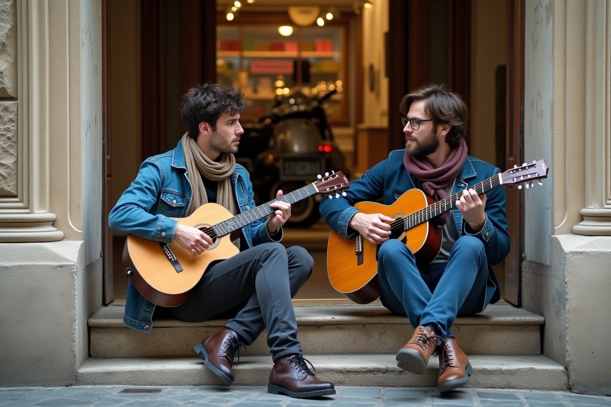 Deux musiciens d'un groupe de rock français assis sur des marches parisiennes avec guitares acoustiques