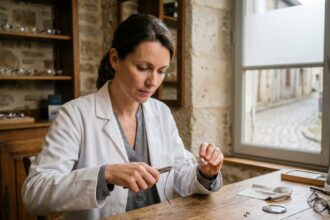 Opticienne ajustant des montures de lunettes dans une boutique artisanale des Vosges