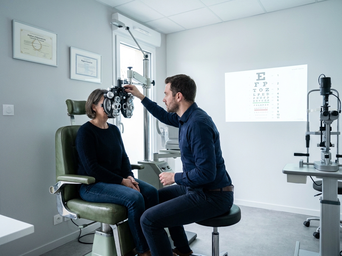 Optométriste réalisant un examen de la vue dans un cabinet d'optique des Vosges