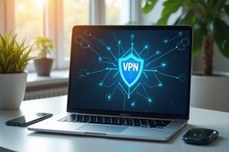 Ordinateur portable avec icone VPN lumineux sur un bureau lumineux