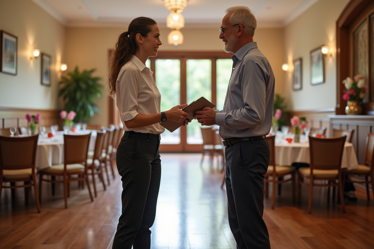 Organisatrice accueille famille reunion dans salle