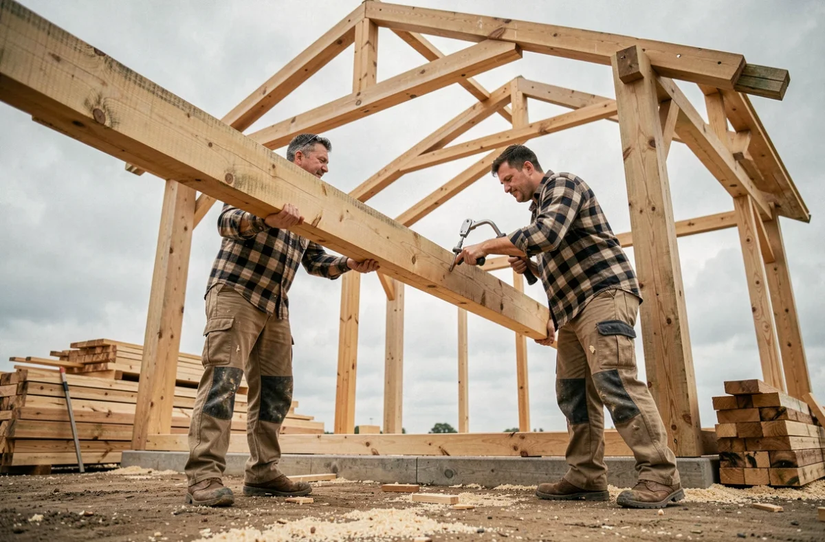 Deux charpentiers assemblant une ossature bois traditionnelle sur un chantier de construction