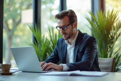 Professionnel confiant analysant des graphiques financiers dans un bureau lumineux