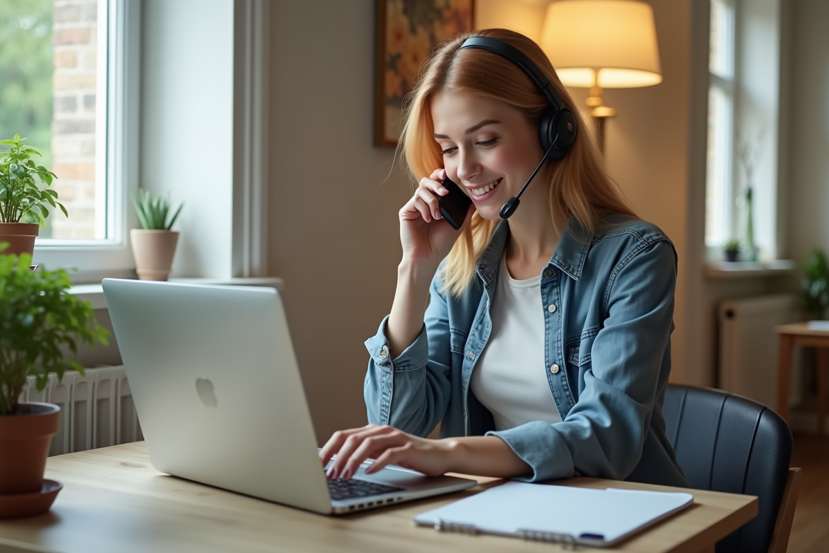 Personne à domicile parlant au téléphone avec un conseiller