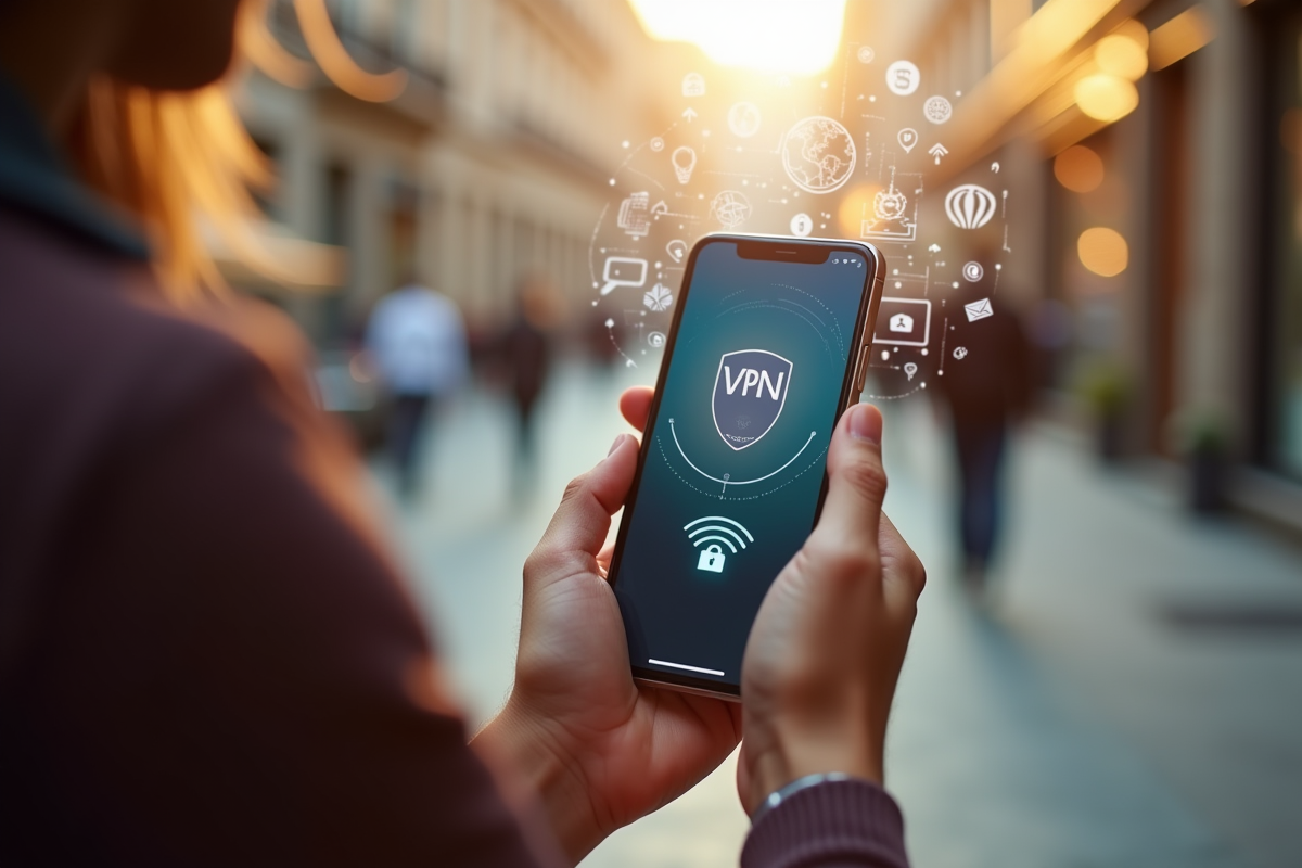 Personne utilisant un smartphone avec VPN activé dans un café ensoleille