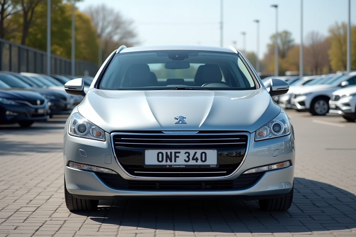 Voiture Peugeot 408 argent dans un concessionnaire en plein jour