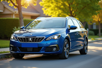 Peugeot 408 bleue stationnée sur une rue ensoleillée