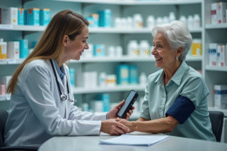 Pharmacien aidant une personne âgée avec un tensiomètre dans une pharmacie moderne
