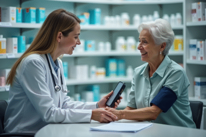 Pharmacien aidant une personne âgée avec un tensiomètre dans une pharmacie moderne