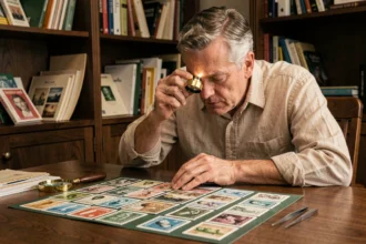 Philatéliste examinant des timbres anciens français à la loupe sur un bureau en bois