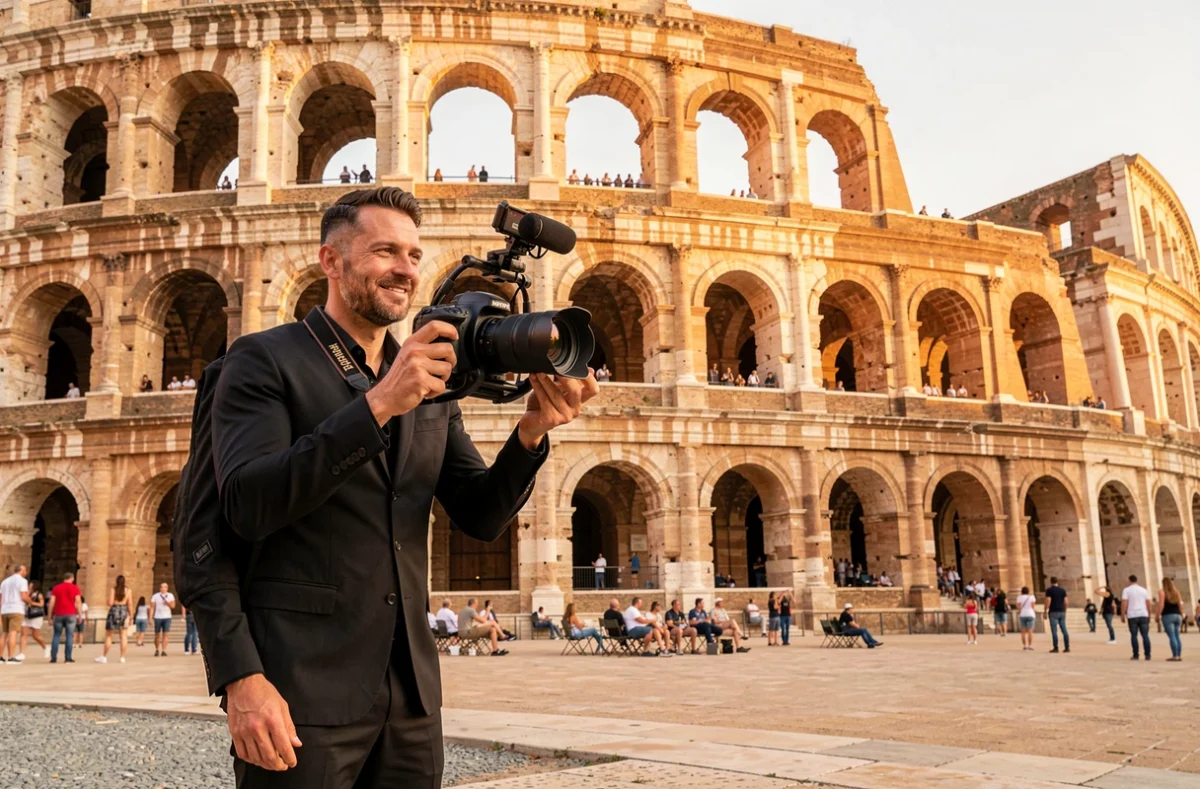 Photographe caméraman professionnel devant les arènes romaines de Nîmes avec équipement photo-vidéo