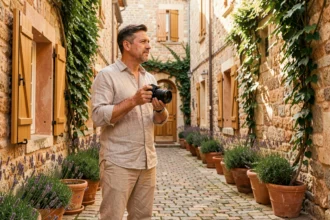 Photographe professionnel dans une cour provençale du Gard tenant un appareil photo face à une ruelle en pierre