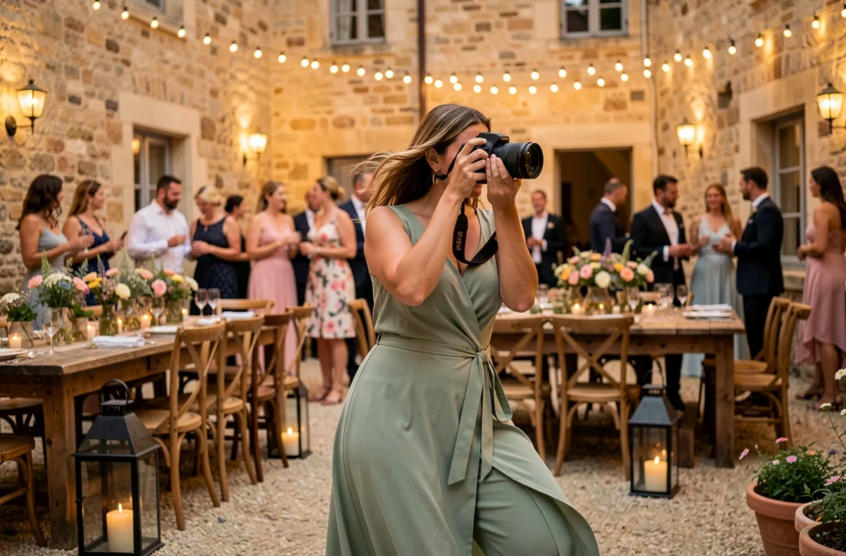 Photographe événementielle et mariage en action lors d'une réception dans une bastide du Gard