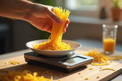 Une main pèse des pâtes sèches sur une balance digitale dans une cuisine lumineuse