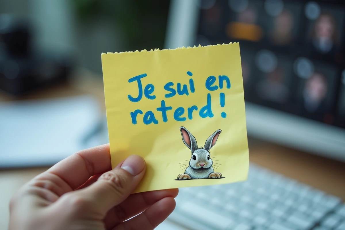 Gros plan d'une main tenant un post-it avec 'Je suis en retard !' écrit à la main, avec une illustration mème du lapin blanc d'Alice au Pays des merveilles, sur fond de bureau flou