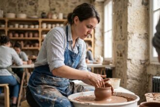 Jeune femme façonnant une coupe en argile dans un atelier de poterie à Nantes
