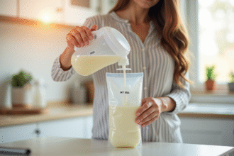 Mère versant du lait maternel dans des sacs de stockage dans une cuisine lumineuse