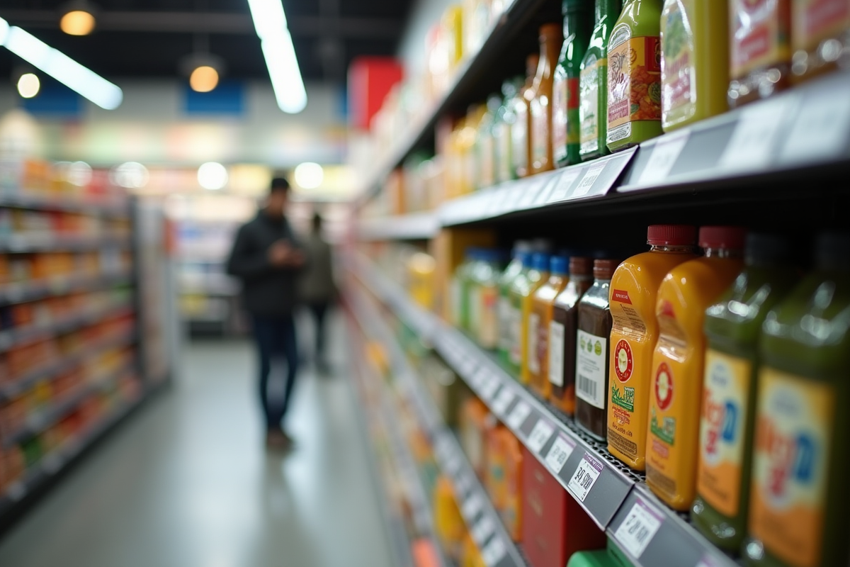 Produits avec codes barres en focus sur étagères de supermarché