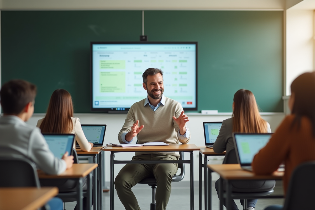 Professeur souriant interagissant avec un tableau numérique dans une classe moderne