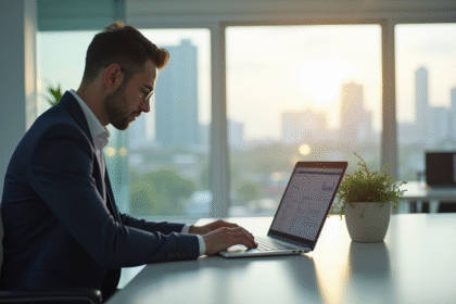 Professionnel au bureau lumineux travaillant sur un ordinateur portable