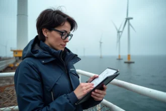 Professionnelle de l'éolien consultant une plateforme numérique sur tablette lors d'une inspection de turbine offshore