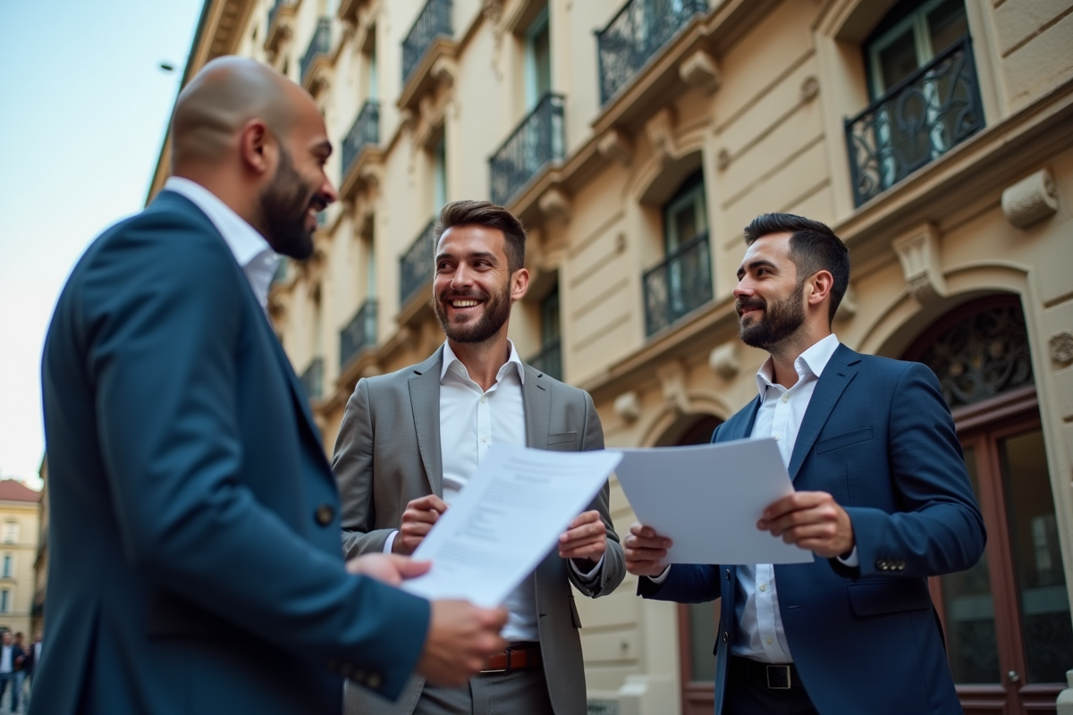 Groupe de professionnels devant immeuble lyonnais