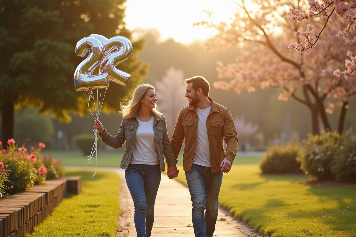 Couple marchant dans un parc pour leur anniversaire