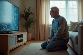 Homme regardant une réception TNT pixelisée sur sa télévision dans un salon moderne