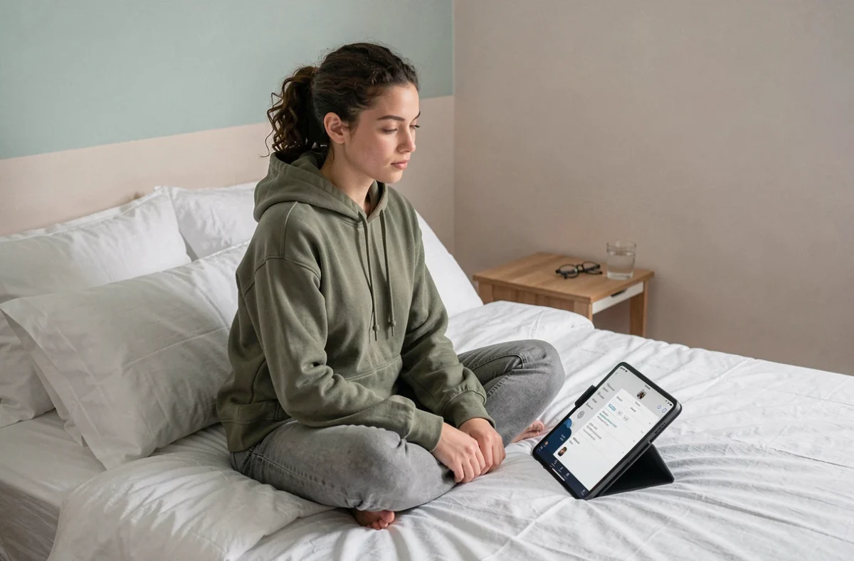 Jeune femme ajustant les réglages de lecture sur l'application Epsilon depuis une tablette posée sur un lit