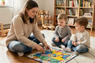 Jeune femme expliquant les règles simplifiées du Monopoly Junior à deux tout-petits sur un tapis de salon chaleureux