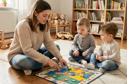 Jeune femme expliquant les règles simplifiées du Monopoly Junior à deux tout-petits sur un tapis de salon chaleureux