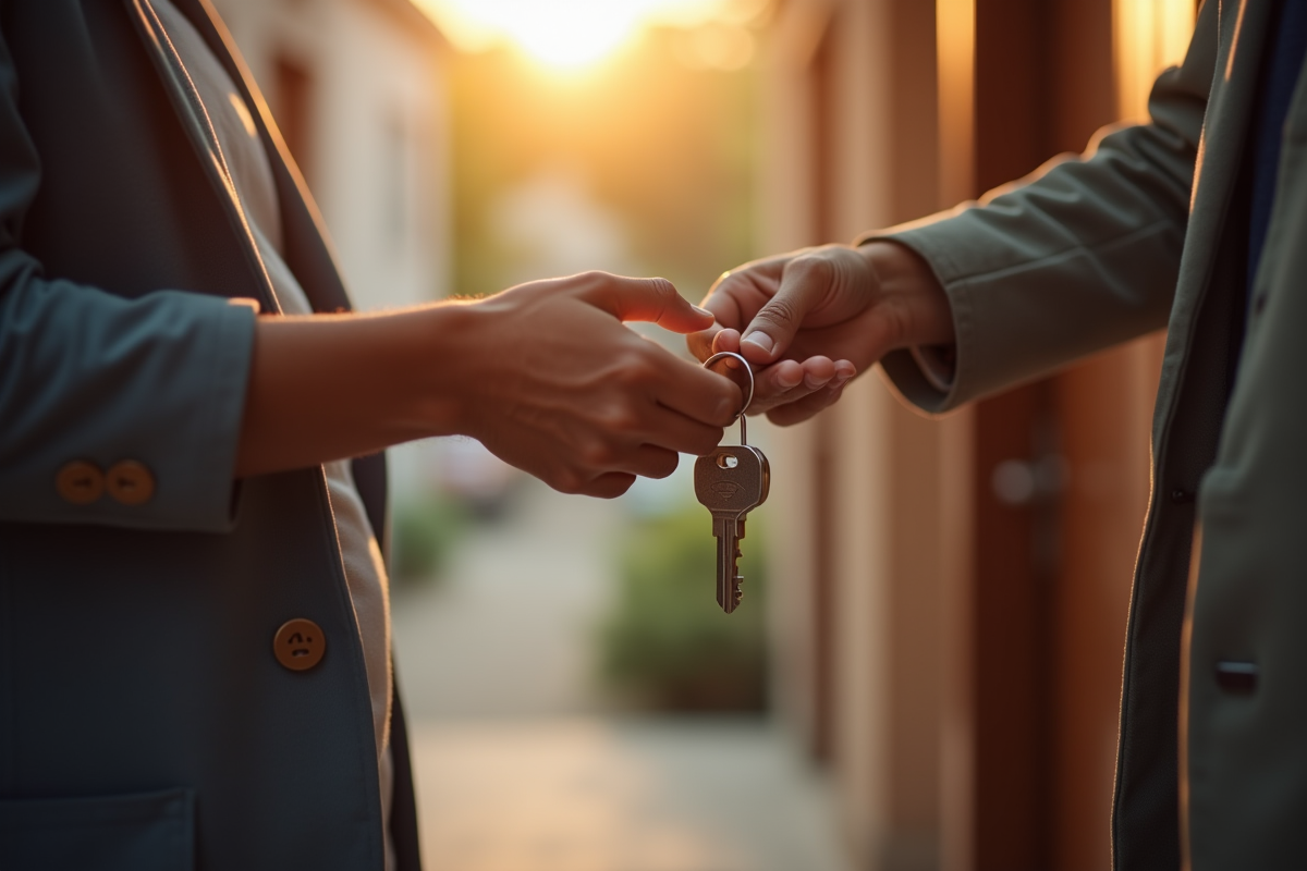 Main remettant une clé à une autre devant un appartement en journée