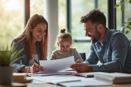 Jeune couple et enfant rencontrent un conseiller immobilier souriant