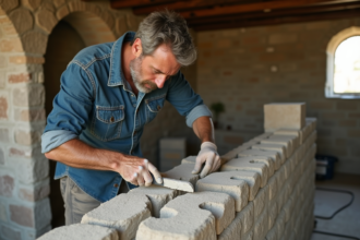 Ouvrier appliquant du mortier sur pierre ancienne dans une maison