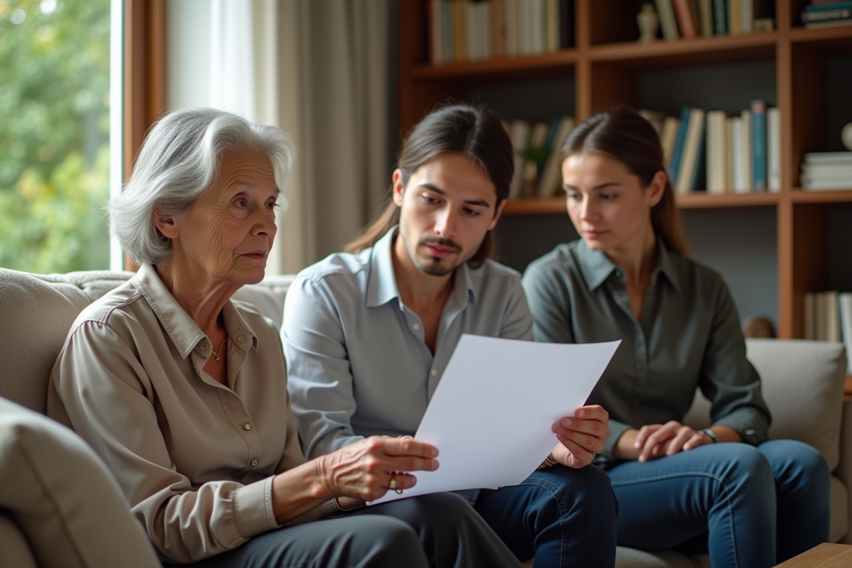 Groupe familial dans un salon moderne examinant un document légal