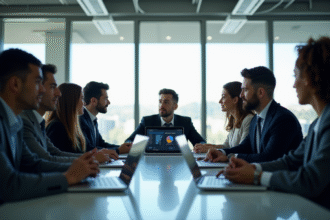 Groupe de professionnels en réunion dans un bureau lumineux