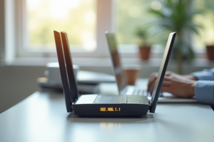 Routeur sans fil moderne sur bureau blanc avec saisie d'adresse